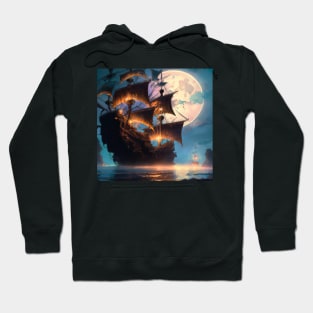 Majestic Pirate Ship: Aesthetic Fantasy Fiction Art Under Moonlight Hoodie